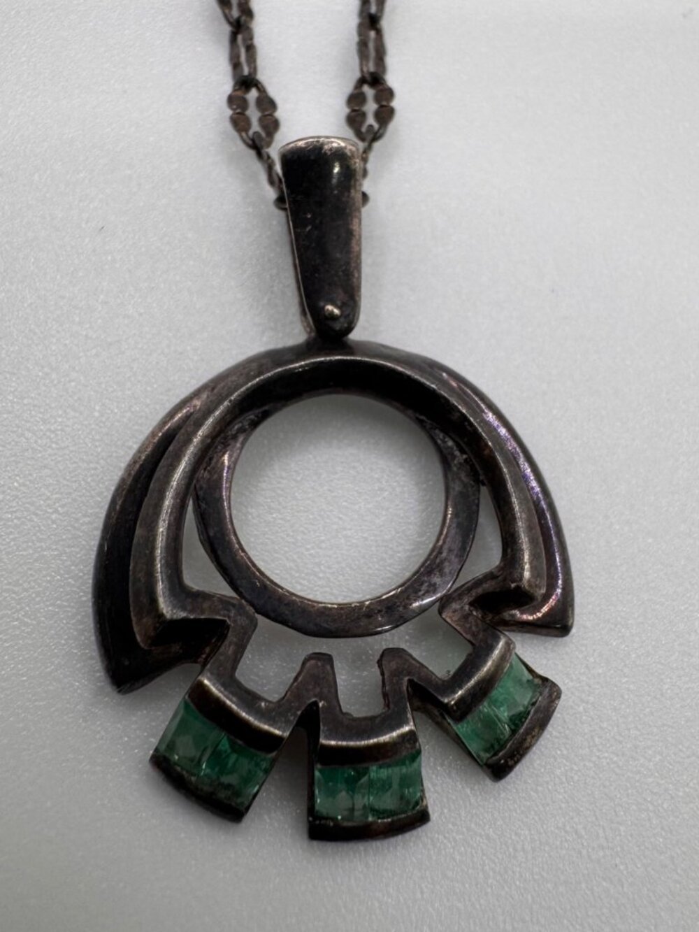 Vintage 950 Silver Emerald Pendant Necklace Modernist Italy Chain 17” - Picture 4 of 16
